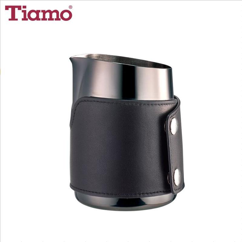 Non-Handle Stainless Steel Milk Pitcher with Leather Case 450ml(Titanium Black)